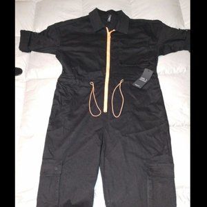 AMERICAN BAZI L.A. Black/Orange Utility Jumpsuit Coverall Pockets Women's